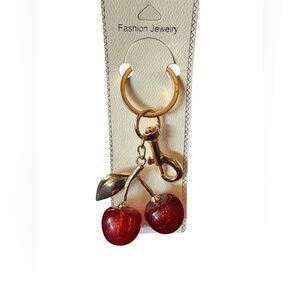 Gold Cherry Keychain Bag Charm - Red Cherries